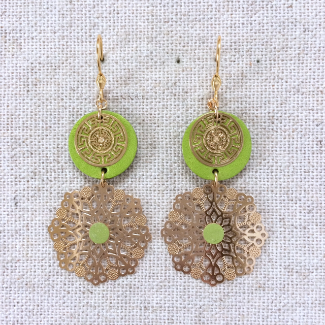 Boucles d’oreilles « Pavane », cuir vert pomme