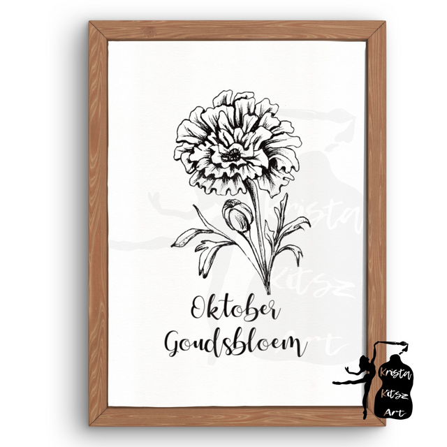 Geboortebloem Oktober Goudsbloem in zwart wit,  luxe kunstprint op fine art papier van originele tekening, met of zonder tekst 