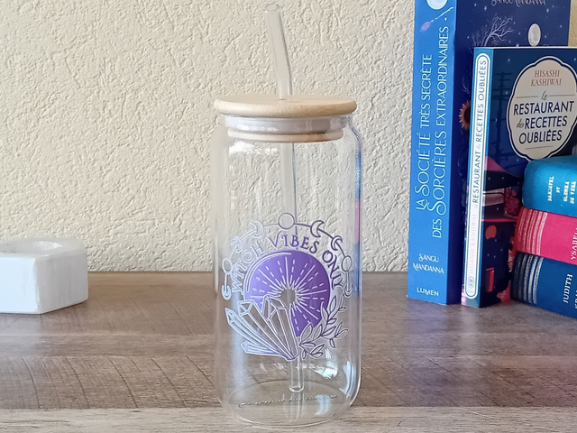 Gobelet en Verre 550ml - Witch Vibes Only - Paille en Verre et Couvercle en Bambou