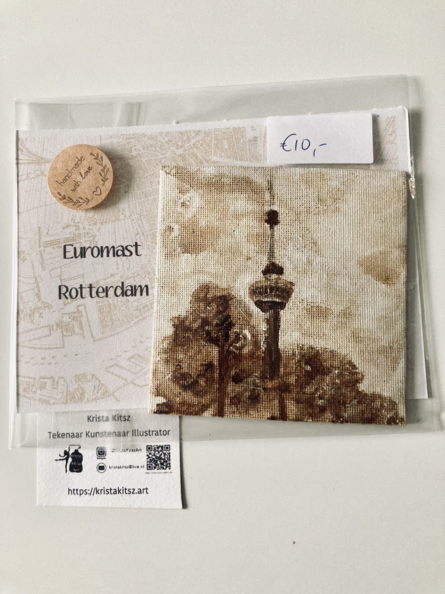 Mini schilderij Euromast Rotterdam nr 6 vierkant op magneet canvas met ansichtkaart 