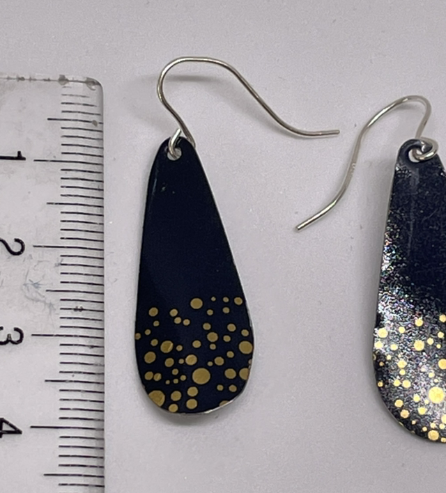 Navy and gold dot long drop tin earrings