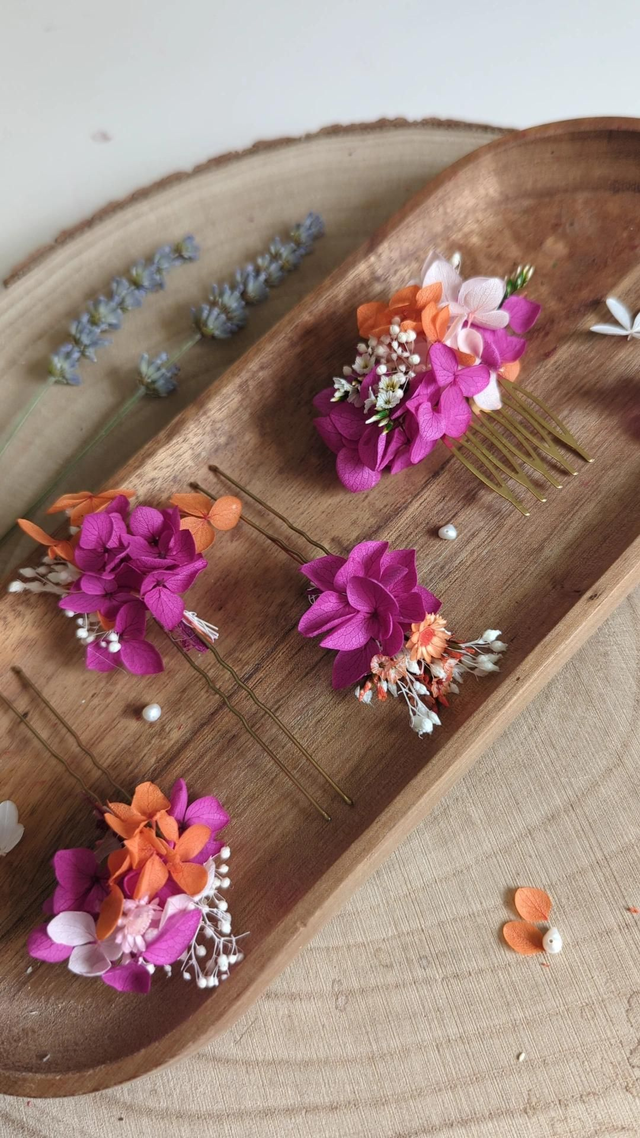 Epingles à cheveux fleurs fuschia, orange, rose pastel et blanc - Peachy Pinky