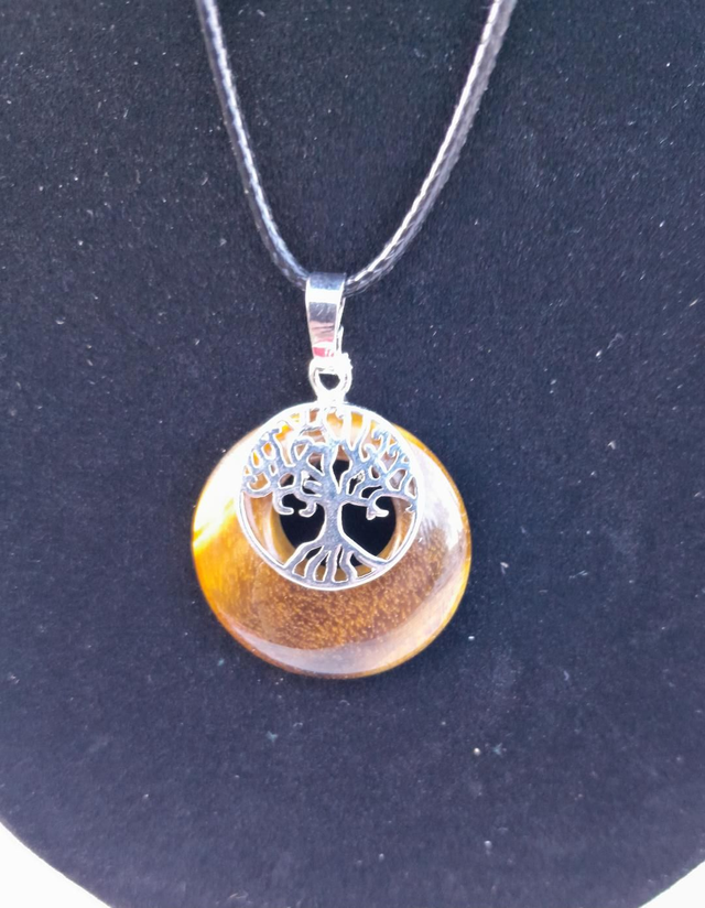 Pendentif Donuts Oeil du tigre Arbre de vie  avec une chaine en acier inoxydable