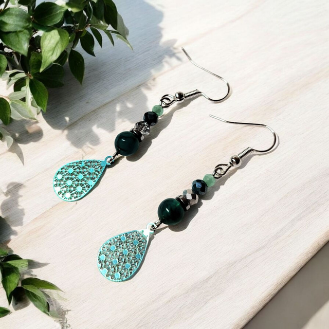 Boucles d&#039;oreilles vert d&#039;eau acier inoxydable