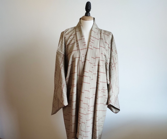 Vintage Japanese Silk Kimono, Pale Green Blue and Brown Color, Geometric Pattern Japanese  Silk Jacket Coat