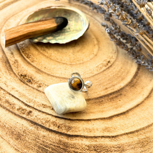 Bague réglable Oeil de tigre &amp; inox couleur argenté