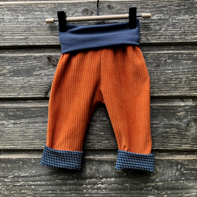 Pantalon évolutif velours «Rouille et Bulles bleues»