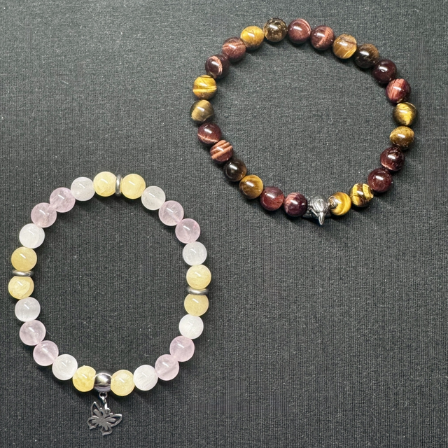 🖤 Bracelet Œil de Tigre • Œil de Bœuf • Corbeau en inox 🖤 ET 🌸 Bracelet Calcite • Sélénite • Quartz Rose • Papillon en inox 🌸