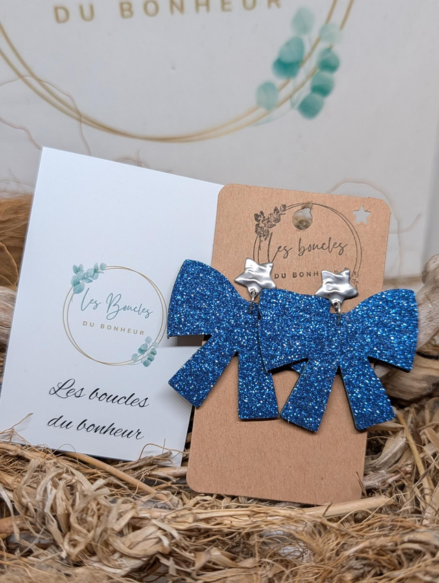 Boucles d'oreilles noeud Bleu paillettes no002