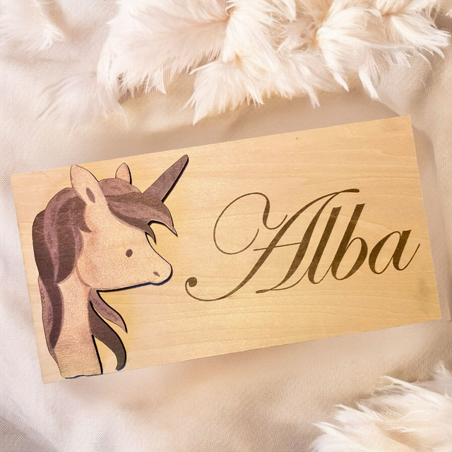 Décoration murale chambre bébé - Plaque de porte en bois personnalisée 3 modèles au choix Licorne - Danseuse - Ourson