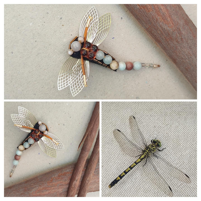 Broche libellule en pierre naturelle &quot;amazonite,tons de brun et bleu , tissé main en pièce unique 