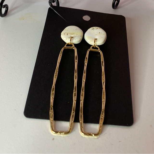 White/ Gold Marble Earrings With Gold Rectangular Accessories 