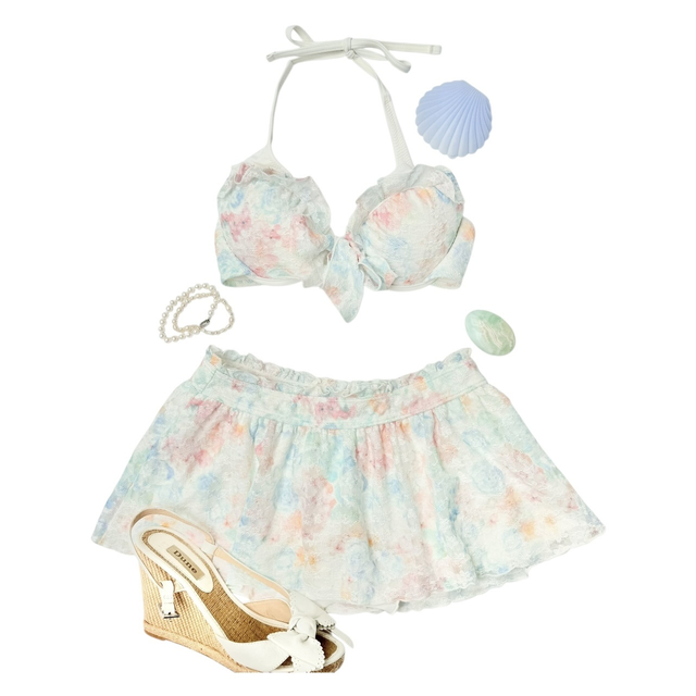 coquette white blue multicolour japanese 3 piece bikini set