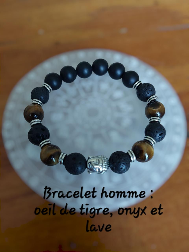 Bracelet pour homme : Oeil de tigre, Onyx et lave