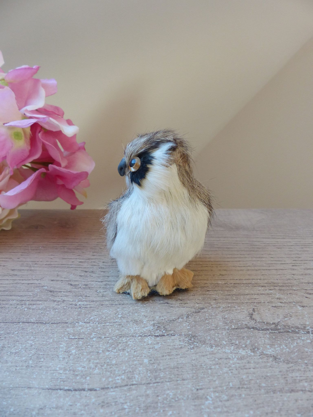 Figurine hibou en fausse fourrure, sculpture hibou en poils, statuette vintage hibou chouette décoration maison chalet campagne