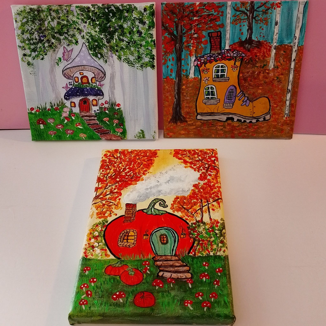 Beautiful Handmade Small Canvas Whimsical Painting - 3 Designs - Mushroom House, Pumpkin House &amp; Boot House