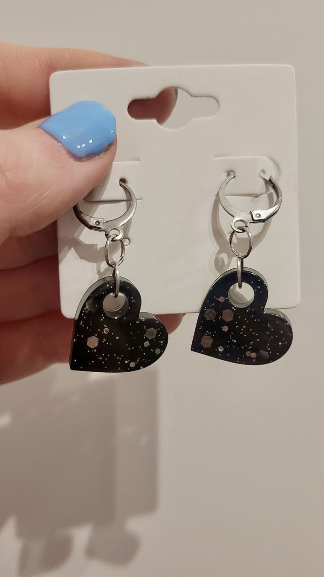 Earrings | Black Glitter Hearts | Stainless Steel Hoops