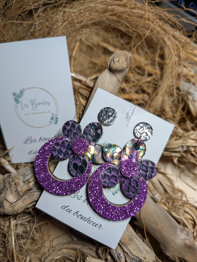Boucles d'oreilles Baby Marguerite violet paillettes holographique bm1165