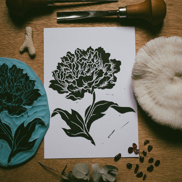 Linogravure - Pivoine - A6