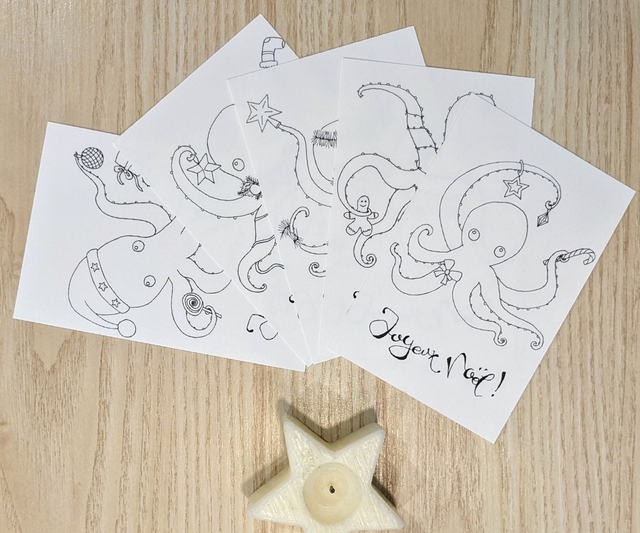 Carte de vœux à colorier Joyeux Noël Pieuvres malines