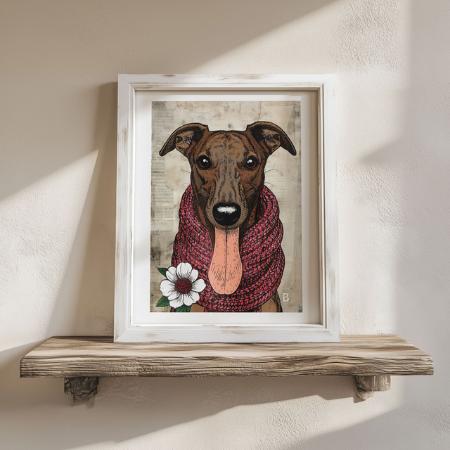 PRE ORDER: Maeve: Sighthound/Lurcher/Greyhound Brindle Dog In Floral Mixed Media Art Print A4