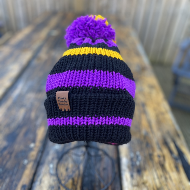 💜 Funky Chunky Bobble Hat – Purple, Black &amp; Golden Yellow – Handmade in Scotland