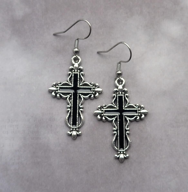 Black Patterned Gothic Cross Earrings 