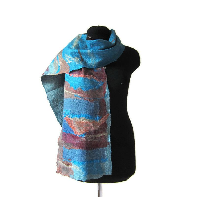 Sciarpa unisex lana merino seta Sciarpa feltro sciarpa uomo turchese Sciarpa calda lunga infeltrita Sciarpa fatta a mano