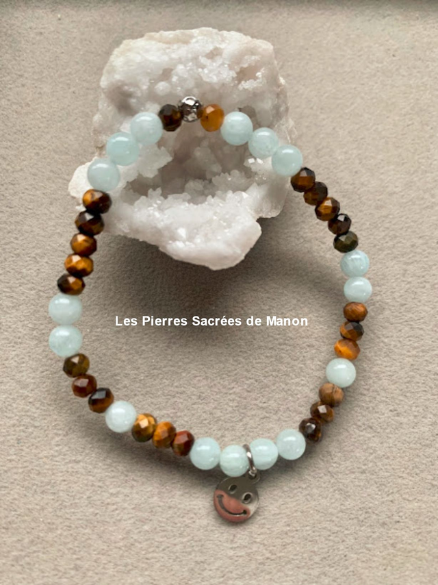Bracelet Œil de tigre et Aigue-Marine (pour enfant)