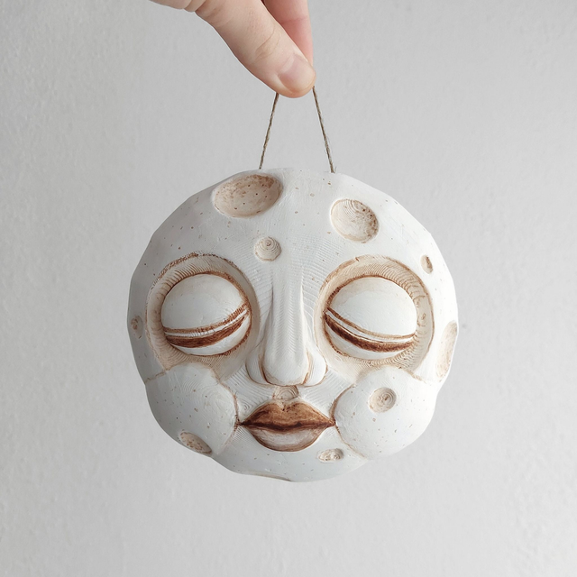 Clay Moon face - Boho Lunar wall pendant- Air dry clay moon wall hanging - Ready to hang