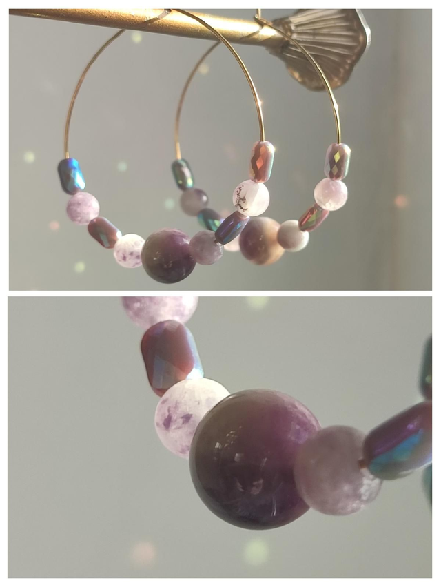 Créoles améthyste:pierres naturelles : acier inoxydable doré, pièce unique, sans nickel 