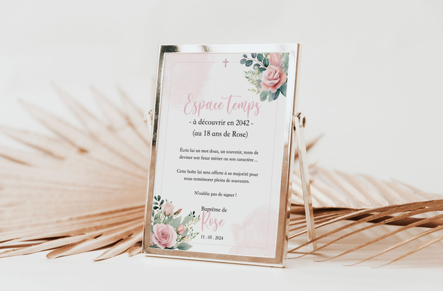 Affiche Jeu Capsule temps A4 Baptême Fleurs &amp; Blush rose