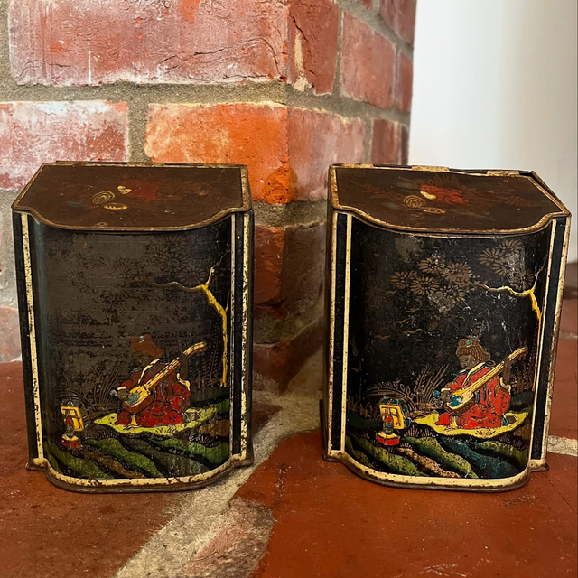 Pair Of Early Oriental Tea Tins by B W &amp; M Ltd Mansfield