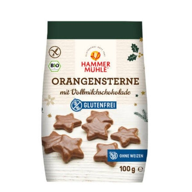 Hammermühle Orangensterne in Vollmilchschokolade glutenfrei 100g Packung