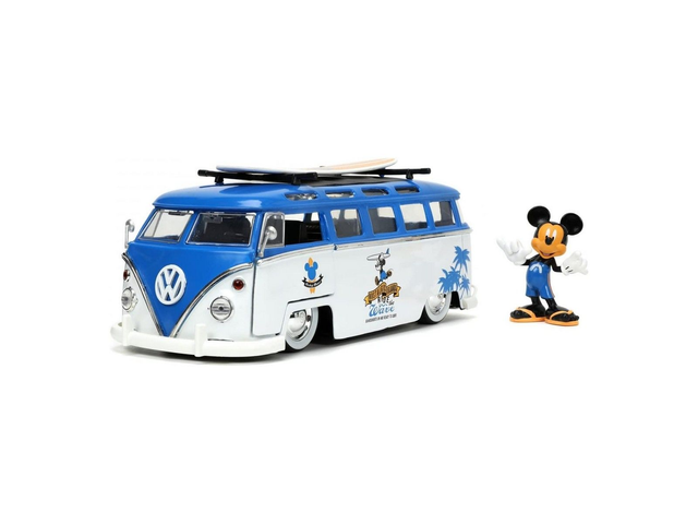VOLKSWAGEN COMBI W/MICKEY  FIGURE BLUE / WHITE HOLLYWOOD  RIDES 1963 Jada 33179 1/24