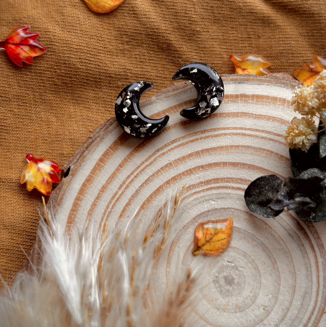Crescent Moon Studs - Black &amp; Silver