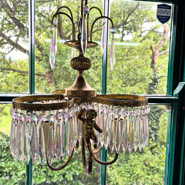 A 20th Century Three Stem Chandelier Adorned With Cherubs &amp; Glass Crystals