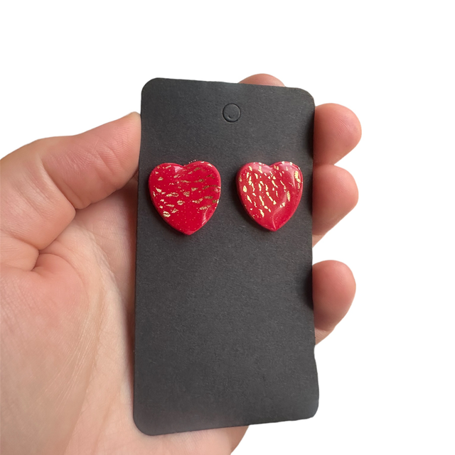 Large Red Gold Leaf Heart Polymer Clay Studs