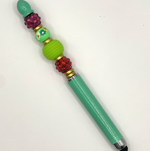 S52 - Stylo à perles tons vert et rouge