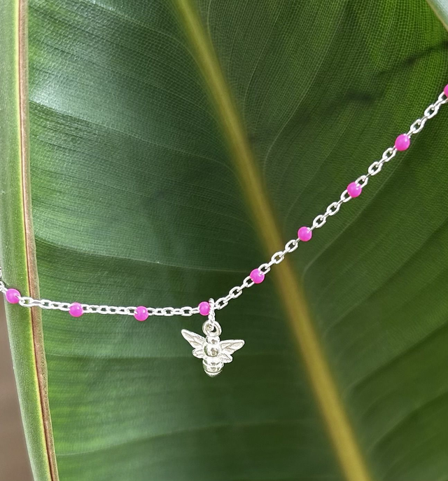 Blush &amp; Bee Silver Bracelet – Sterling Silver Chain with Pink Enamel Beads &amp; Bee Charm for Strength &amp; Feminine Energy