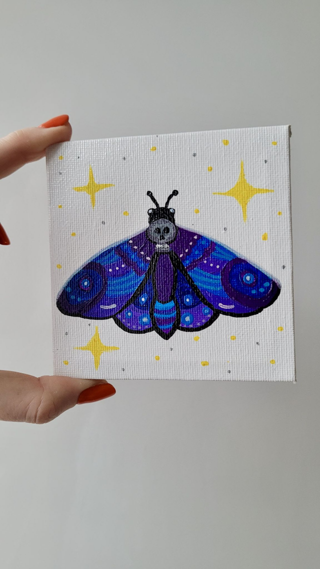 Original Mini Canvas Painting – Deathmoth Gothic Skull Moth Mini Canvas Art – Blue