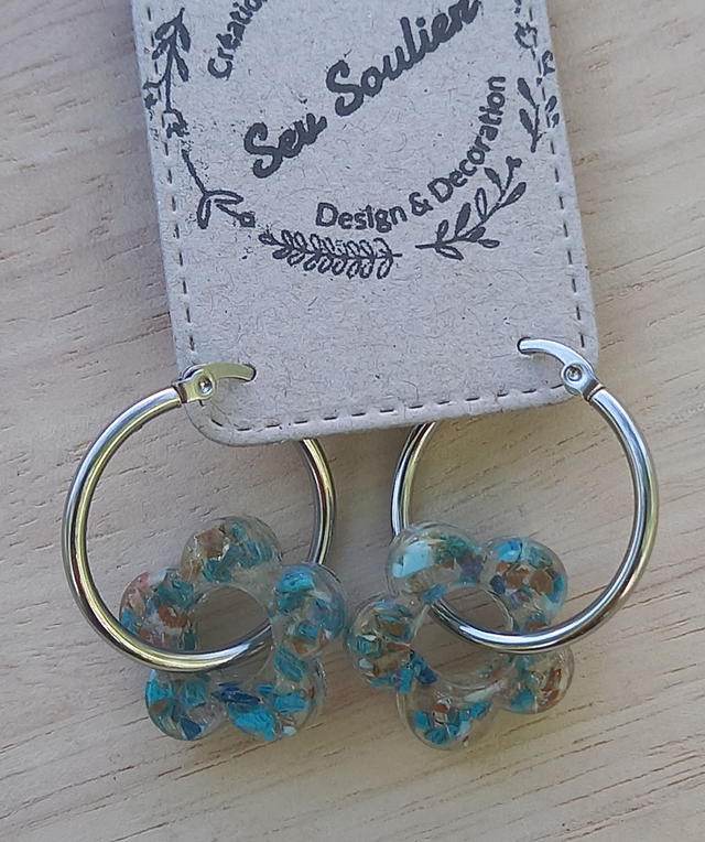 Boucles d'oreilles - Créoles argentées Fleur divers bleu clair