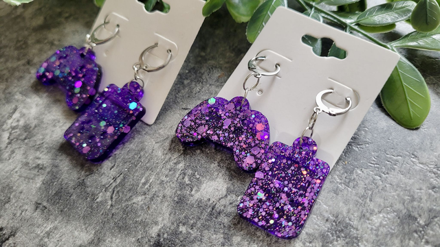 Earrings | Stainless Steel Hoops - Gameboy &amp; Controller | Game Console | Purple Glitter