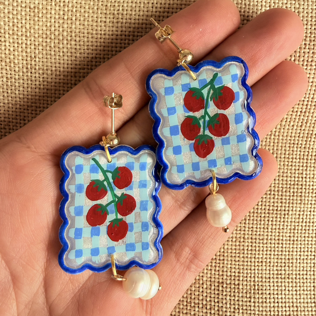 Blue Gingham Tomato Pearl Earrings