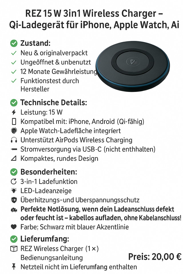 REZ 15W 3in1 Wireless Charger – Qi-Ladegerät für iPhone, Apple Watch, AirPods