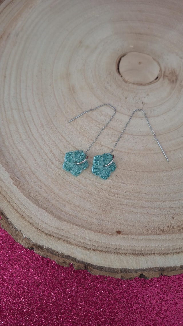 Boucles d'oreilles argentées hibiscus paillettes turquoises 