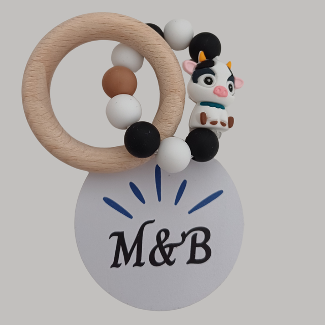 🔸 Anneau de dentition bois &amp; silicone – Vache 3D 🐮