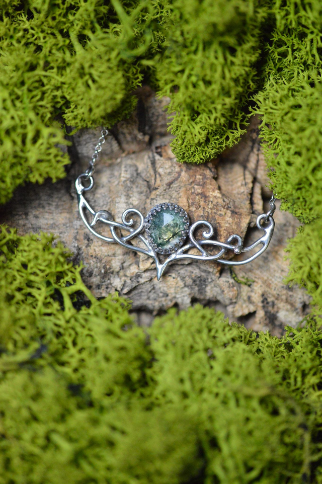 Collier Elfique - Agate mousse "Feuille de Rosée"