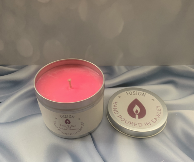 Large Candle in a tin - Pink Tulips &amp; White Jasmine 
