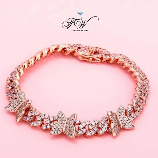 Bracelet Maille Cubaine Et Papillons Plaqué-or Rose 18k